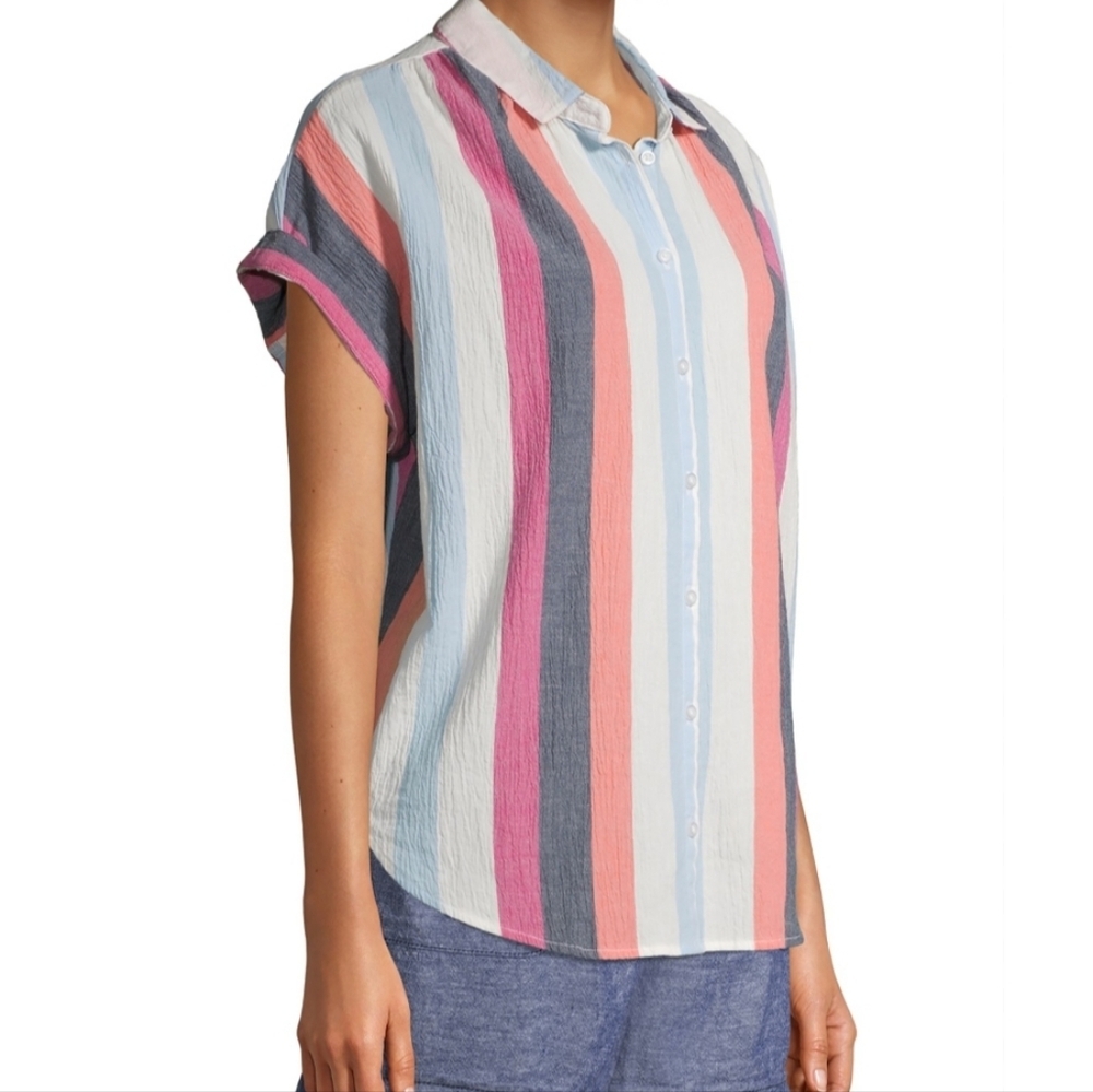 Time & Tru Tomato Girl Coastal striped button down short sleeve top medium